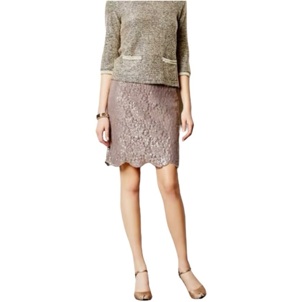 Anthropologie‎ Reveillon Sequin Pencil Skirt Yoana Baraschi Light Taupe Size 6P